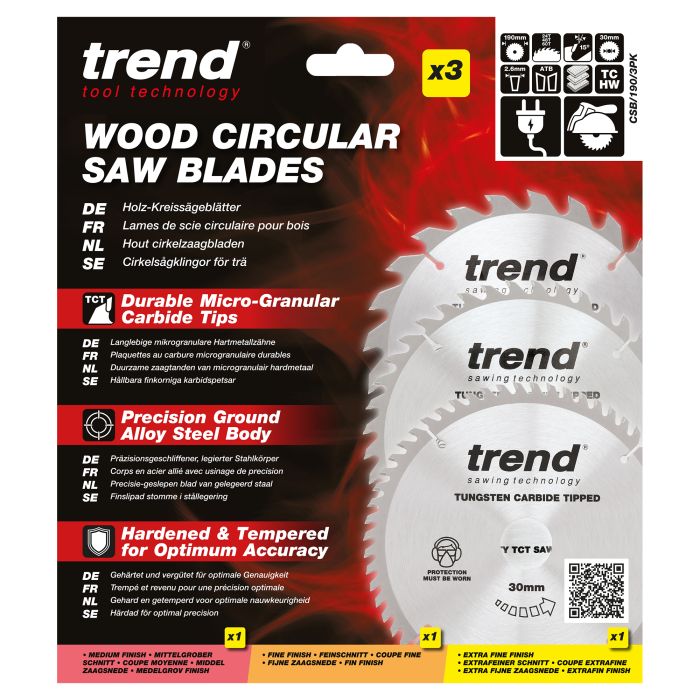 CSB/190/3PK - Trend Wood Circular Saw Blade 190mm x 30mm x 24/40/60T (3 Pack)