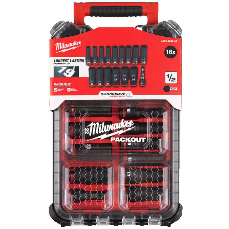 Milwaukee 16 Piece ShockWave Impact Duty 1/2" Drive Deep Impact Socket Packout Set 4932480943