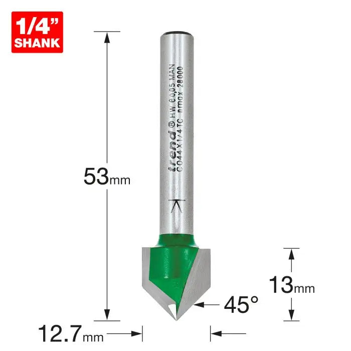 TREND C044 CHAMFER V GROOVE CUTTER ANGLE=45 DEGREES 1/4" SHANK