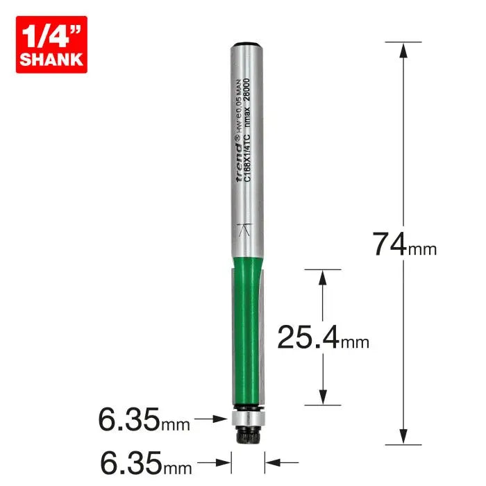 TREND C168 GUIDED TRIMMER 6.35MM DIAMETER X 25.4MM 1/4" SHANK