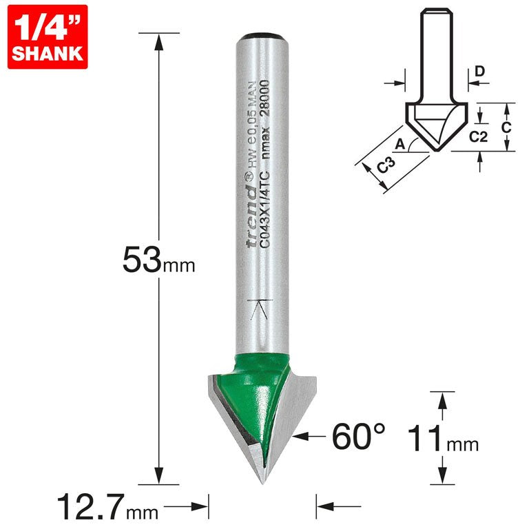 TREND C043 CHAMFER V GROOVE CUTTER ANGLE=60 DEGREES 1/4" SHANK