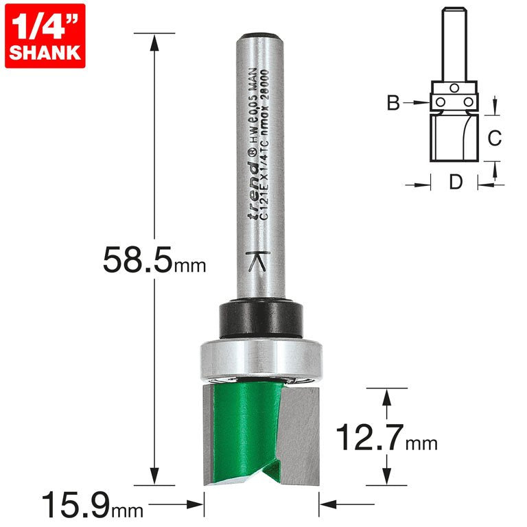 TREND C121E 1/4" SHANK- BEARING GUIDED TEMPLATE PROFILE 15.9MM X 12.7MM DIAMETER CUT