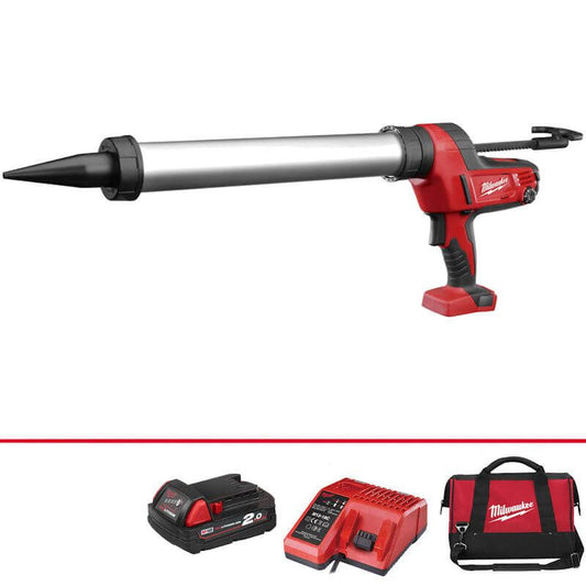 Milwaukee C18PCG/600A-201B M18 600ml Caulking Gun with Aluminium Tube Kit (2Ah, Charger, Bag)