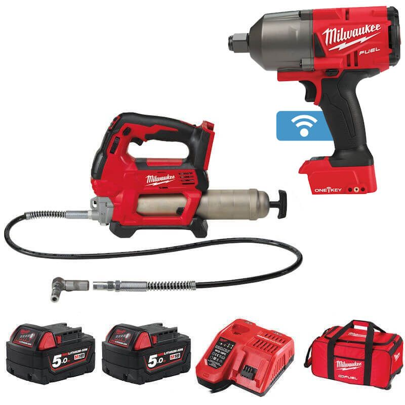 Milwaukee M18ONEPP2Q-502B M18 One-Key 3/4" Drive High Torque Impact Wrench & Grease Gun Power Pack