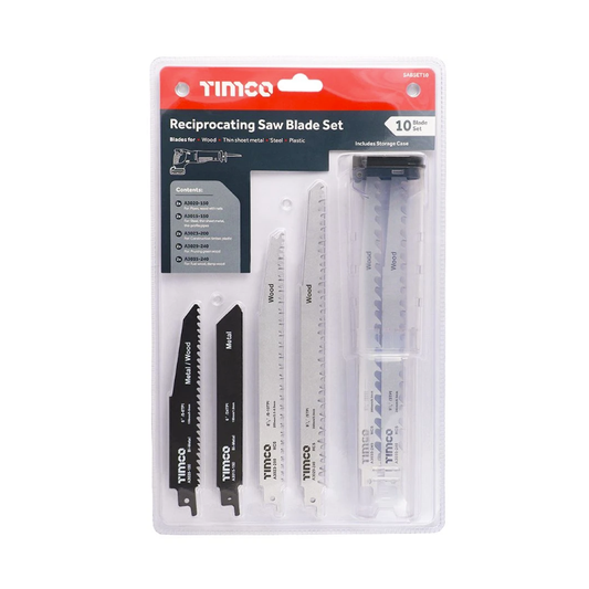 Timco Reciprocating Saw Blade Set 10pc (Wood, Metal, Steel, Plastic) SABSET10