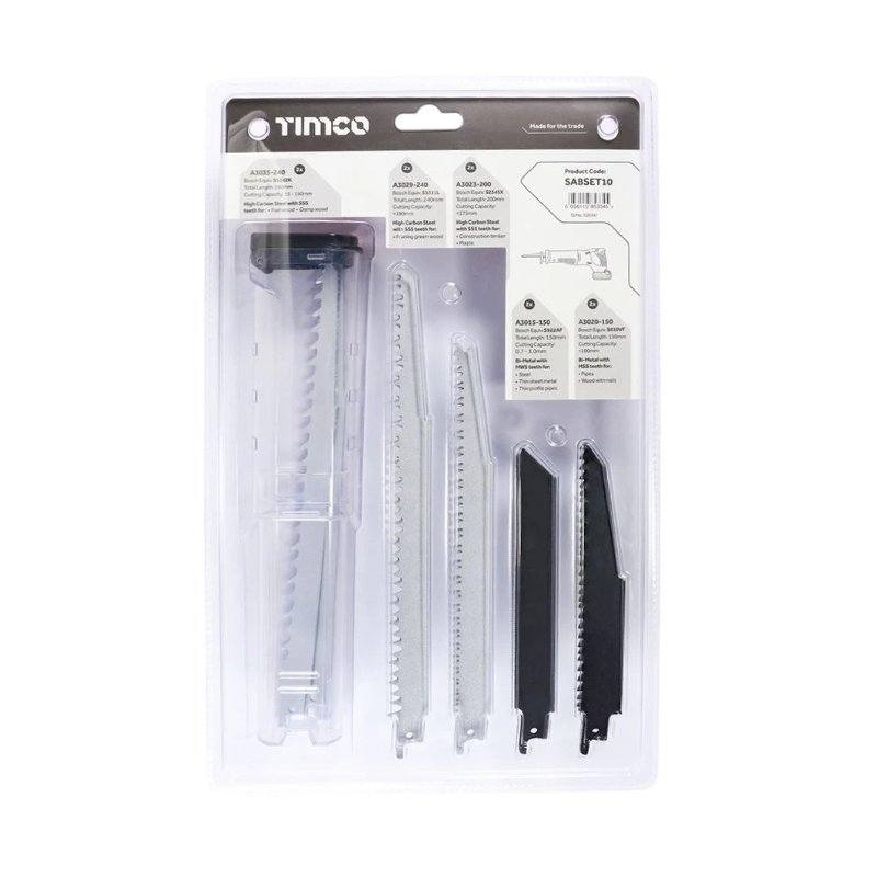Timco Reciprocating Saw Blade Set 10pc (Wood, Metal, Steel, Plastic) SABSET10