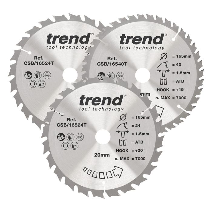 CSB/165/3PK/C - Trend Wood Cordless Circular Saw Blade 165mm x 20mm x 24/40T (3 Pack)