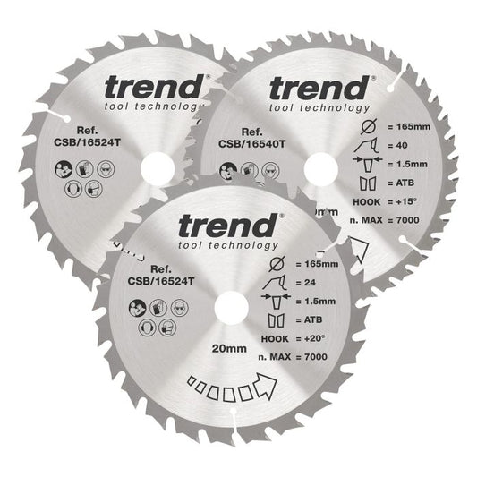 CSB/165/3PK/C - Trend Wood Cordless Circular Saw Blade 165mm x 20mm x 24/40T (3 Pack)
