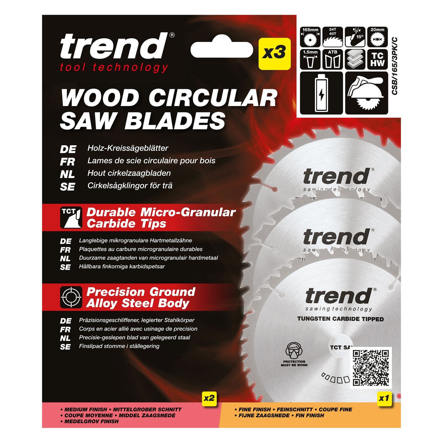 CSB/165/3PK/C - Trend Wood Cordless Circular Saw Blade 165mm x 20mm x 24/40T (3 Pack)
