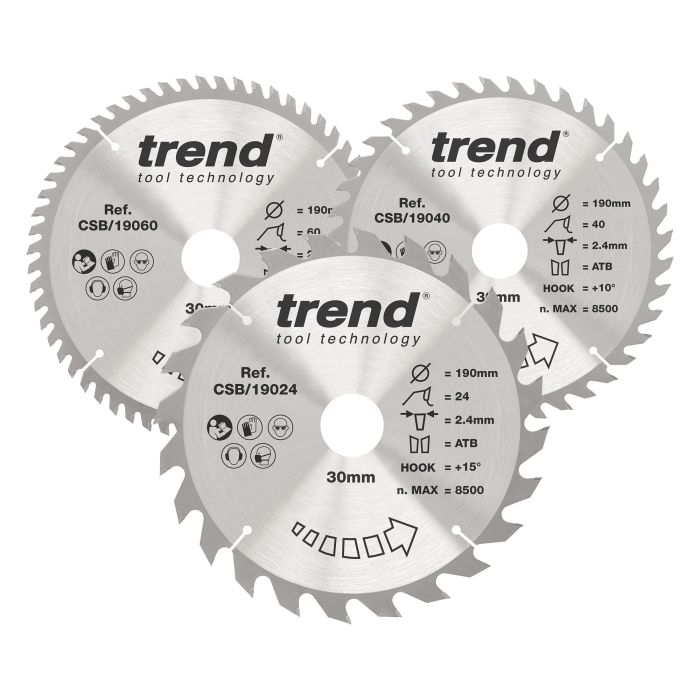 CSB/190/3PK - Trend Wood Circular Saw Blade 190mm x 30mm x 24/40/60T (3 Pack)