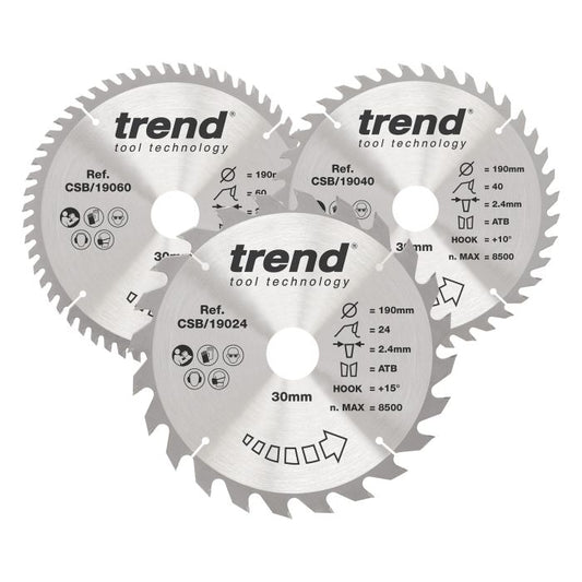 CSB/190/3PK - Trend Wood Circular Saw Blade 190mm x 30mm x 24/40/60T (3 Pack)
