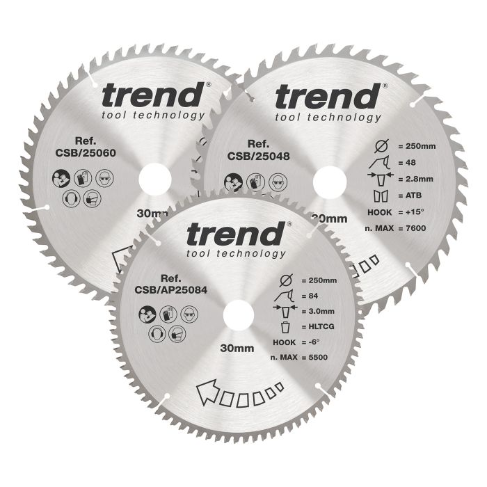 CSB/250/3PK - Trend Wood Circular Saw Blade 250mm x 30mm x 48/60/84T (3 Pack)