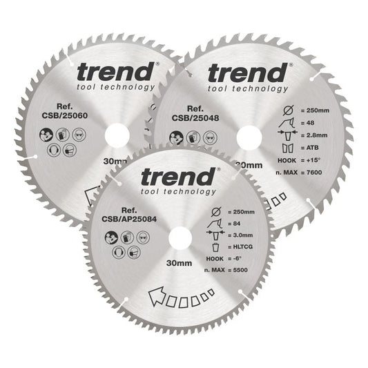 CSB/250/3PK - Trend Wood Circular Saw Blade 250mm x 30mm x 48/60/84T (3 Pack)