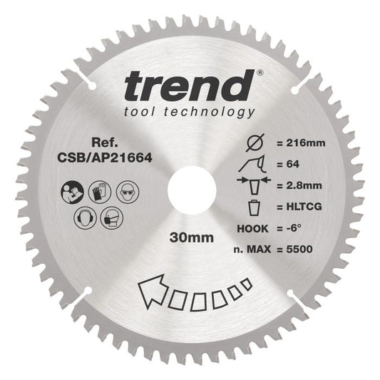 CSB/AP21664 - Trend Aluminium/Plastic Circular Saw Blade 216mm x 30mm x 64T