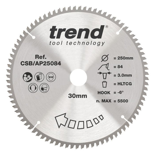 CSB/AP25084 - Trend Aluminium/Plastic Circular Saw Blade 250mm x 30mm x 84T