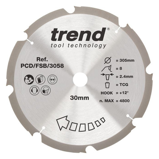 PCD/FSB/3058 - Trend PCD Fibre Cement Circular Saw Blade 305mm x 30mm x 8T