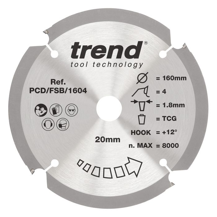 PCD/FSB/1604 - Trend PCD Fibre Cement Circular Saw Blade 160mm x 20mm x 4T