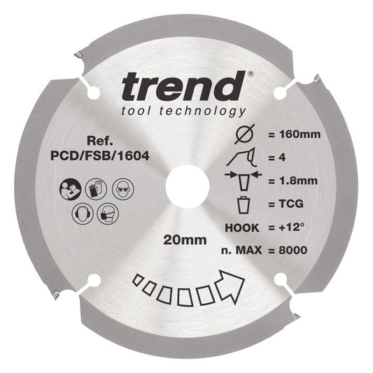 PCD/FSB/1604 - Trend PCD Fibre Cement Circular Saw Blade 160mm x 20mm x 4T