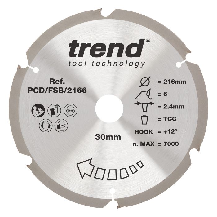 PCD/FSB/2166 - Trend PCD Fibre Cement Circular Saw Blade 216mm x 30mm x 6T