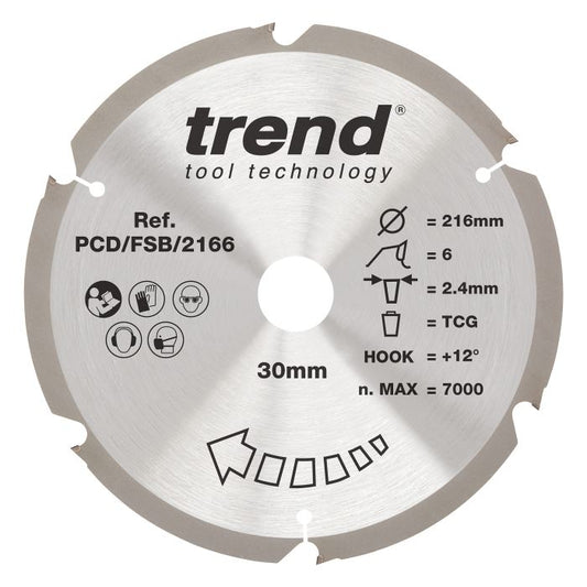 PCD/FSB/2166 - Trend PCD Fibre Cement Circular Saw Blade 216mm x 30mm x 6T