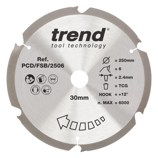 PCD/FSB/2506 - Trend PCD Fibre Cement Circular Saw Blade 250mm x 30mm x 6T